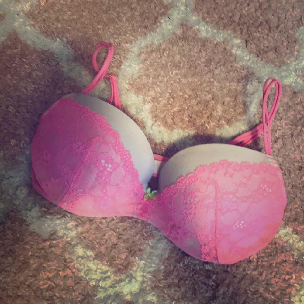 34D padded demi VS white and pink lace bra